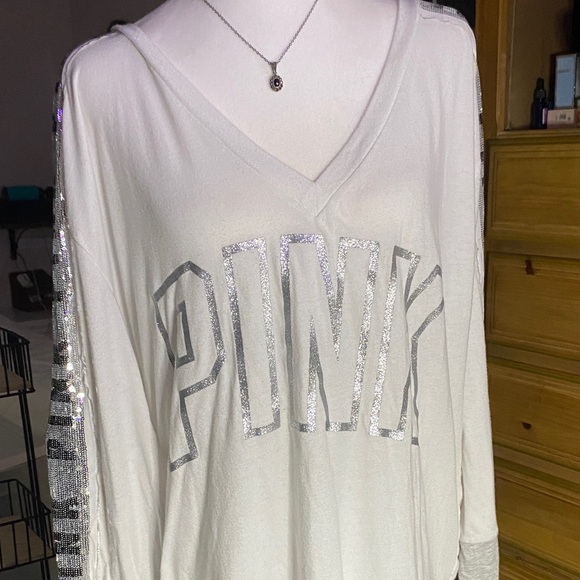 White and Silver Sequin PINK Long Sleeve Top - Picture 1 of 6